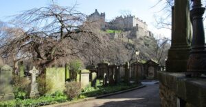 Edinburgh Castle Viewed from St. Cuthberts Kirkyard. Photo by Mary Casey-Sturk