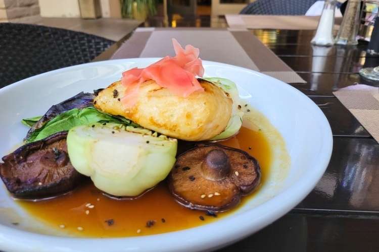 Plate of halibut fish with kimchi, mushrooms, and bok choy in ginger glaze