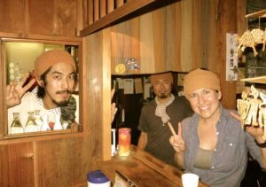 The author was invited "backstage" to pose with Shin Kaneko, Marukyu's owner, and Nosuke Kurihara, and don the requisite towel-headband.