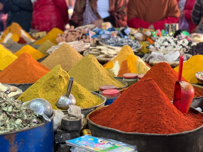 Spices in the bustling market of Rissani, Morocco.