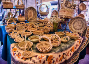 A display of Gullah baskets in the Charleston City Market. Formerly known as the slaves' market.