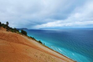 The Lake Michigan Overlook on the Pierce Stocking Scenic Drive. This overlook, 450 feet above Lake Michigan, provides a magnificent view of the shoreline. Photo by Frank Hosek