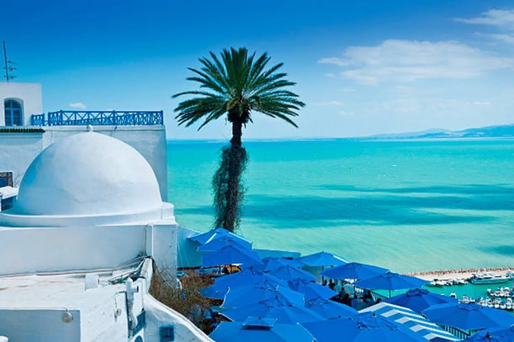 View of Sidi Bou Said, traditional Tunisian architecture and the beautiful Mediterranean Sea