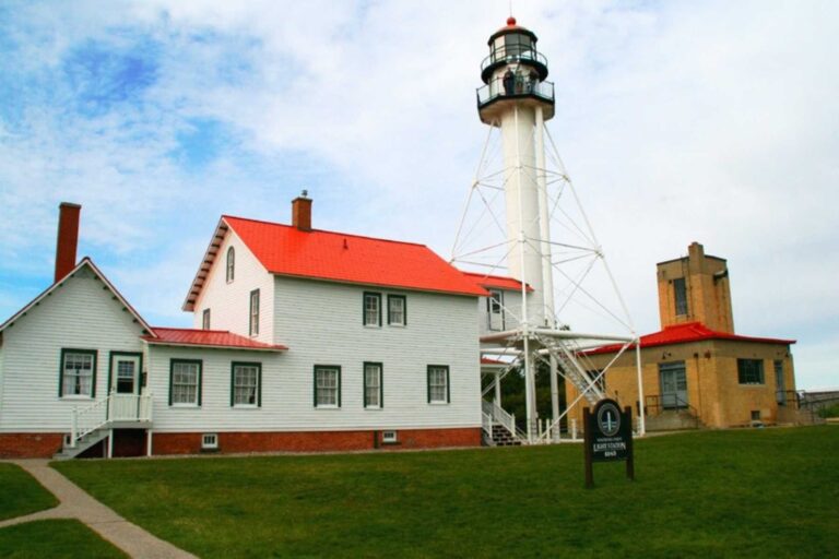 The Whitefish Point Light Tower and brick foghorn building